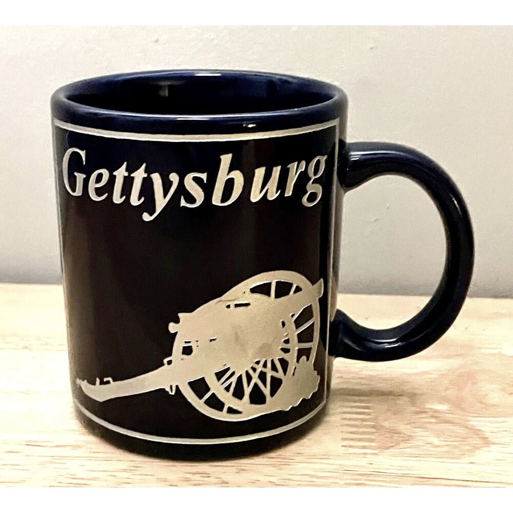 Vintage Gettysburg Civil War Cannon Souvenir Coffee Mug Cobalt Blue Silver
